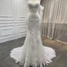 Noble Bride Off Shoulder Strapless White Lace Ball Gown Wedding Dress with Train
