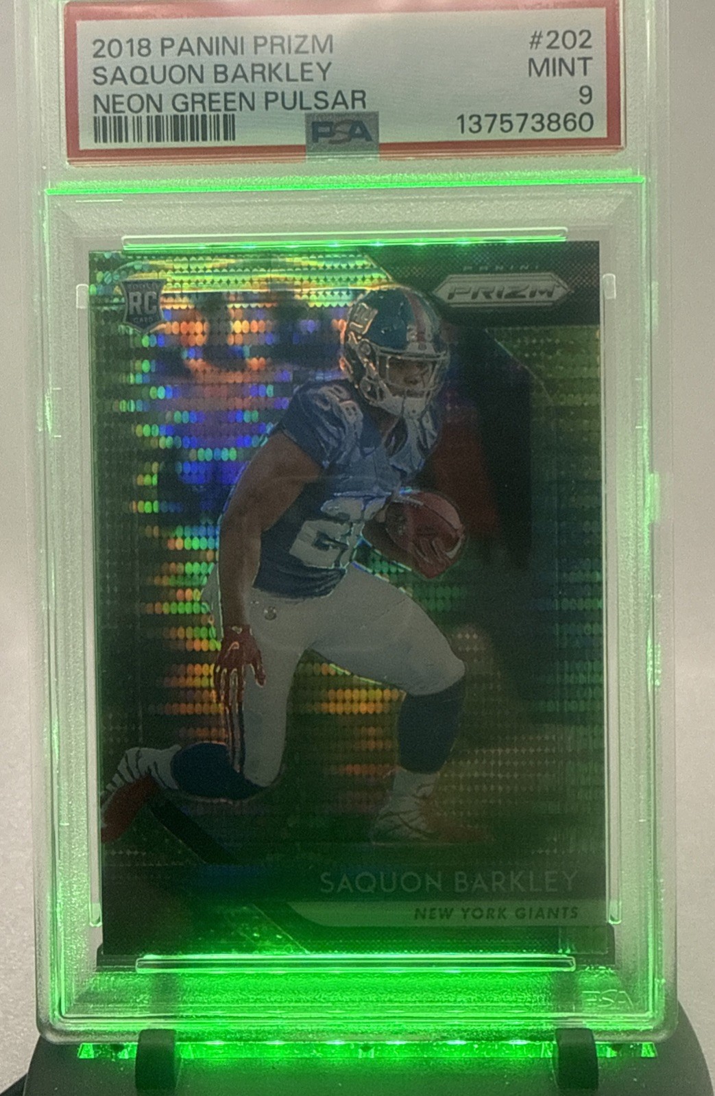 2018 Saquon Barkley Prizm Neon Green Pulsar #202 RC PSA 9 MINT SP