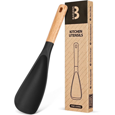 Badiano Silicone Cooking Spoon Spatula Wood Handle Mixing Serving Black