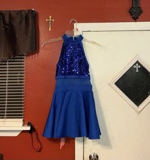 Weissman Girls Blue Sequin Halter Dance Costume Dress, Size MC