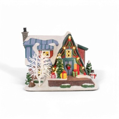 FG Square Country Log Cabin Christmas Village w Big Presents Display MC3005