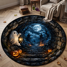 3D Ghost Pumpkin Round Rug, Spooky Stone Tunnel Halloween Floor Mat