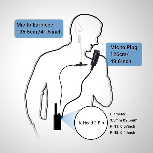 Walkie Talkie Earpiece 2 Pin PTT Mic Headset for Baofeng Kenwood UV-5R 88E - Picture 4 of 14