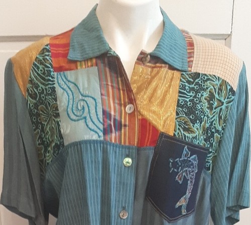 Large Blue Patchwork Blouse Top Faith Celia Forrester Embellished Fish Linen - Picture 2 of 12