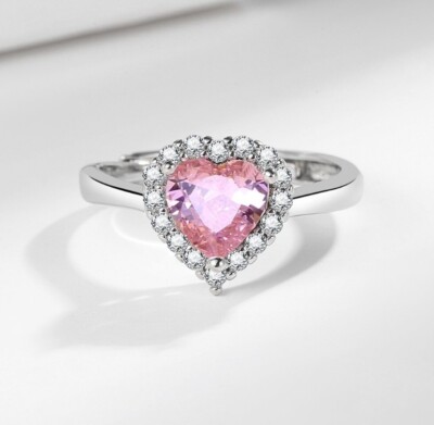 Silver Love Pink Heart Have Halo Cubic Zirconia Adjustable Size Ring