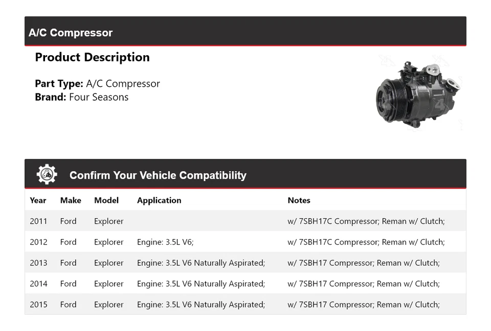 Compresor de aire acondicionado para Ford Explorer 2011-2015 4 estaciones 2012 2013 2014 Foto 2 de 4