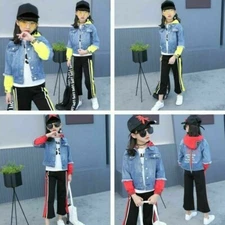 2x Girls Denim Hooded Jacket + Pants Two Tone Frayed Coat Loose Trouser Set Suit