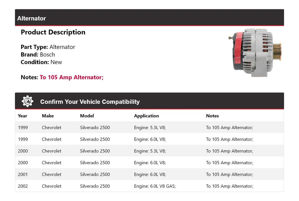 For 1999-2002 Chevrolet Silverado 2500 Bosch Alternator (New) 2000 2001 - Image 2 of 4