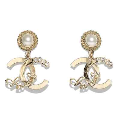 CHANEL EARRINGS AB6386 パール ピアス Chanel 22P Gold Crystal Pearl White CC Logo Large Dangle Drop