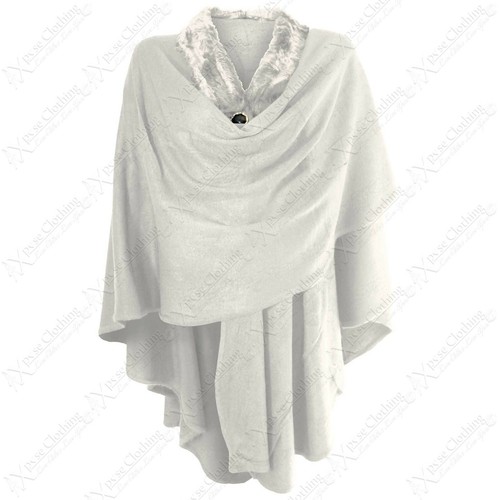 LADIE FAUX FUR COLLAR SINGLE BUTTON FLORAL EMBOSSED DESIGN PONCHO CAPE WRAP 8-16 - Picture 6 of 7