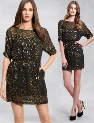 DKNY Chiffon Black Gold Metallic Foil Spotted Overlay Dress M | eBay DKNY Chiffon Black Gold Metallic Foil Spotted Overlay Dress M | eBay