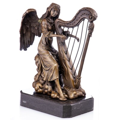 BRONZESKULPTUR Frau mit Harfe MARMORSCKEL ENGEL Statue Figur DEKO JMA283.2