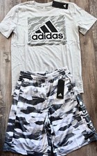 NWT Adidas Boys YMD Gray/White/Black Camouflage Shorts Set Medium