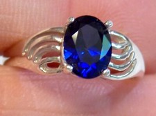 Blue Lab Sapphire Size 6.75 Ring 925 Sterling Silver Wavy USA Made 1.50ct
