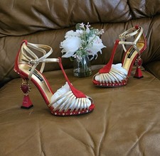 Women's Dolce & Gabbana Red Suede Metallic Gold Luxury Sandals Heels Sz 7 US