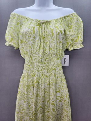 Anthropologie Kindred M Paisley Boho Smocked Chartreuse Green Dress