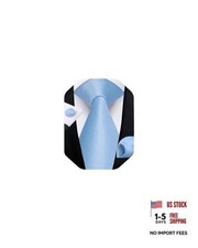 Mens Solid Color Tie and Pocket Square Set Woven Silk Plain Light Blue Solid