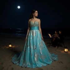 Alyce Paris Dress Prom Formal Evening Gown Blue Metallic Rhinestones Bodice Sz 6