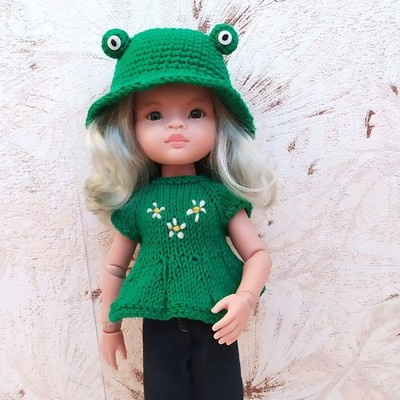 Frog Outfit For Doll Paola Reina: Embroidered T-shirt, Frog Hat & Jeans-Breeches