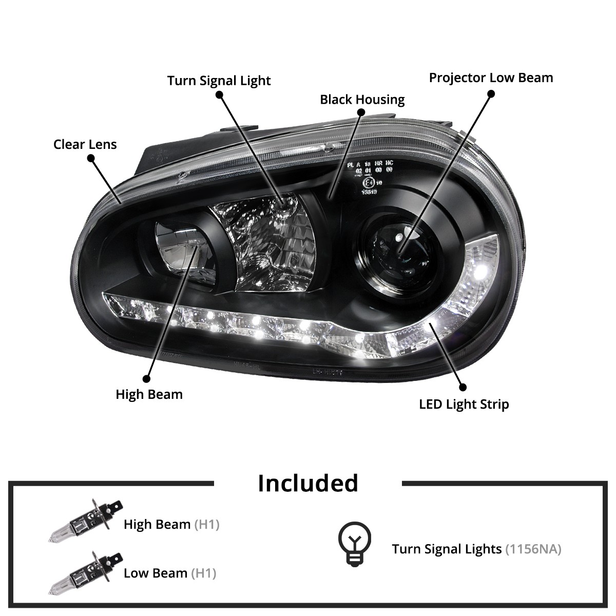 Black Fits 1999-2006 Volkswagen Golf MK4 LED Strip Projector
