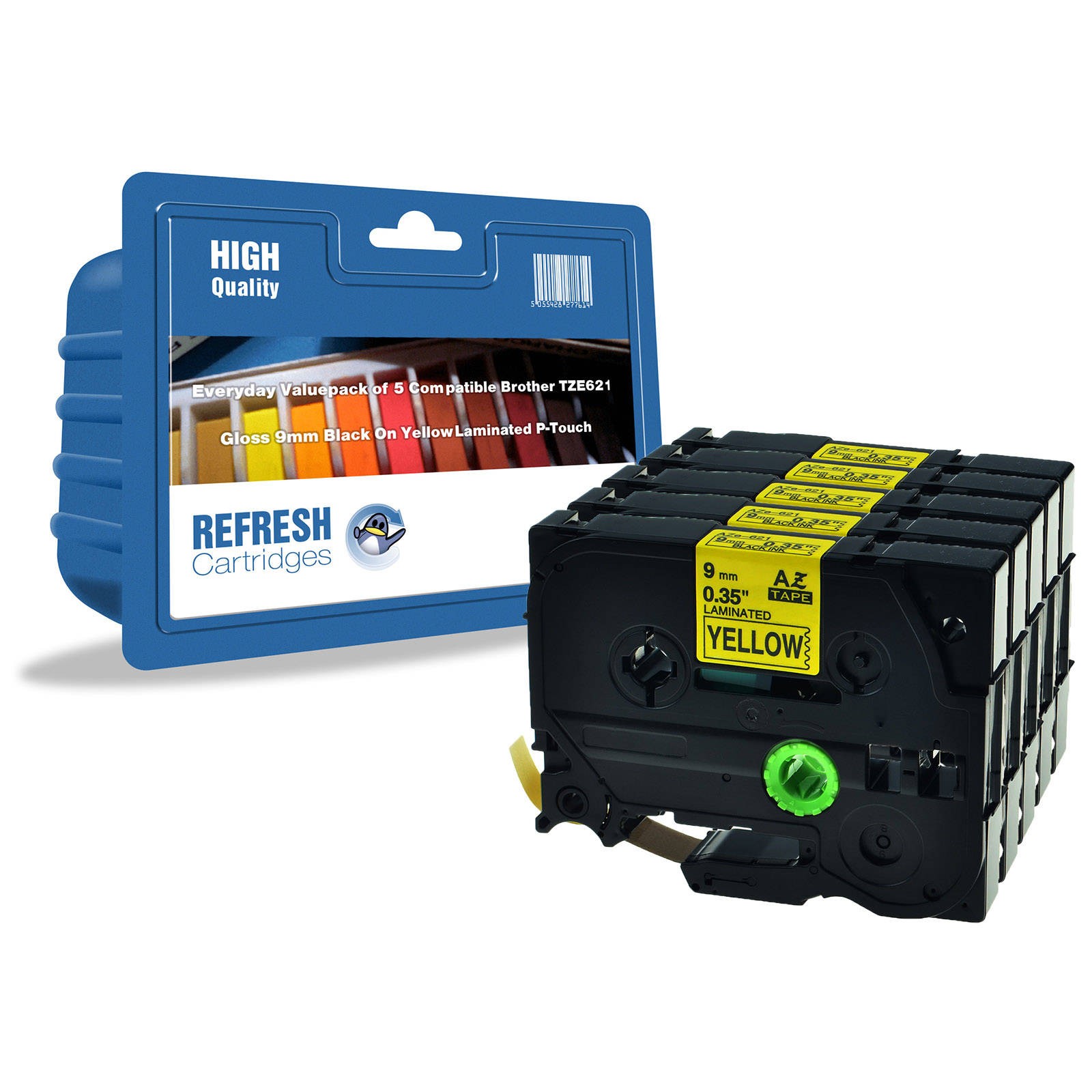 Refresh 5Pk TZE-621 Black On Yellow Gloss 9mm Label Tapes For Brother P-Touch
