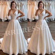 V Neck Wedding Dresses Satin Sleeveless Elegant Simple Lace-up Bridal Gowns
