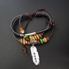 Ruby Personalize Boho Bracelet Leather Stack Hippie Indie Name Green Sparkle