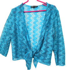 Women Sheer Mesh Bolero Shrug 3/4 Sleeve Tie Front Cropped Cardigan
