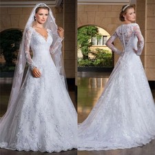 Elegant A-Line Wedding Dresses V-Neck Long Sleeved Lace Appliques Bridal Gowns