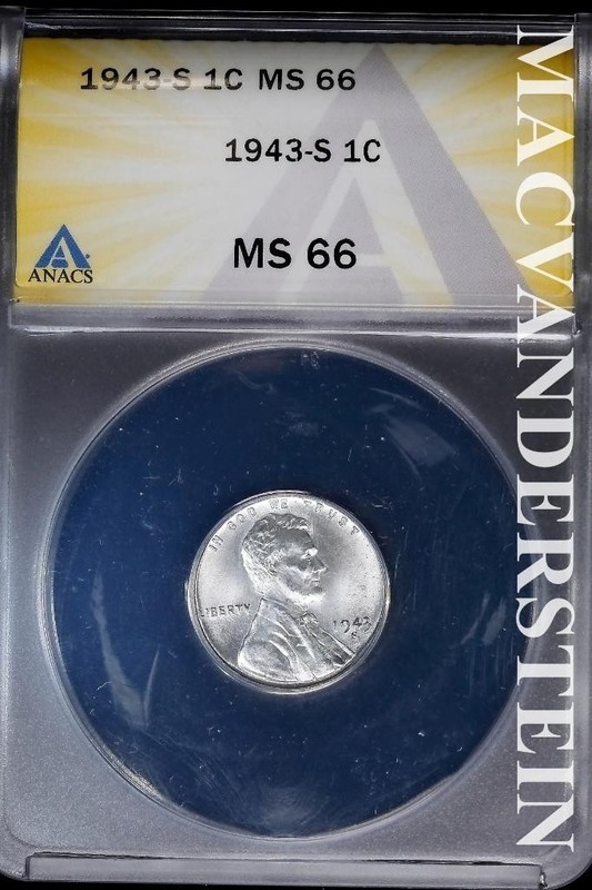 1943-S Lincoln Wheat Cent- ANACS MS 66- Lustrous- No Reserve #SLA1034
