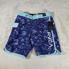 RVCA Boys Size 28 17" Length Boardshorts Swim Trunks NWT Blue Teal Tie Hook/Loop