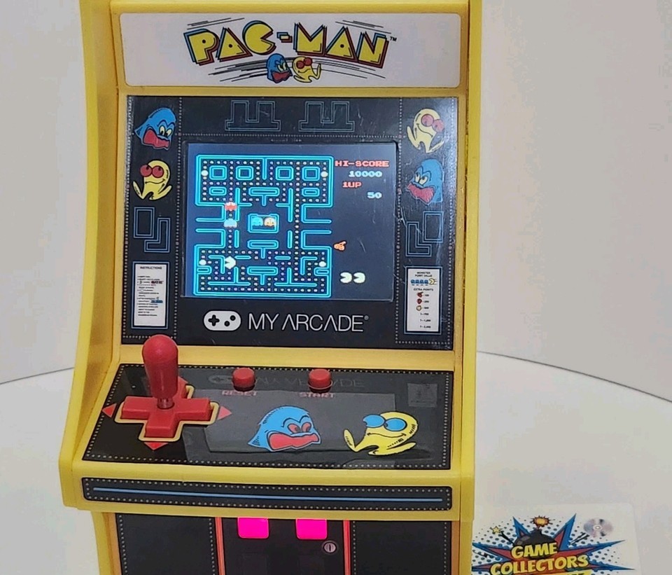 A tested-and-working miniature Pac-Man arcade cabinet — a fully playable retro time capsule that fits in your hand.