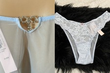 XL VICTORIA'S SECRET RHINESTONE BOW Brazilian PANTY Sheer Mesh Floral Lace Blue