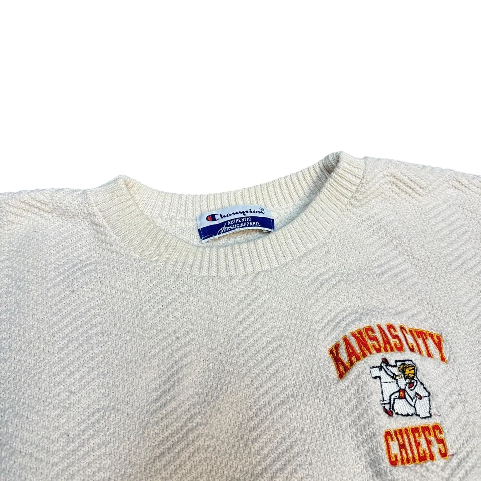 Suéter Vintage Campeón Kansas City Chiefs Bordado NFL Cuello Redondo Crema L XL Foto 3 de 4