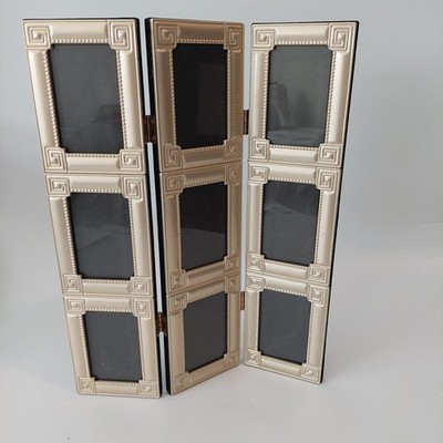 Lunt Gold Tone Folding Multi Photo Frame Greek Key Beaded Tri-Fold 9 Openings