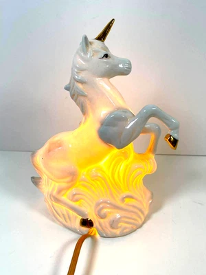 Porcelain Unicorn Gold Horn Figurine Price Products 7" Night Light Lamp Taiwan - Image 1 of 4