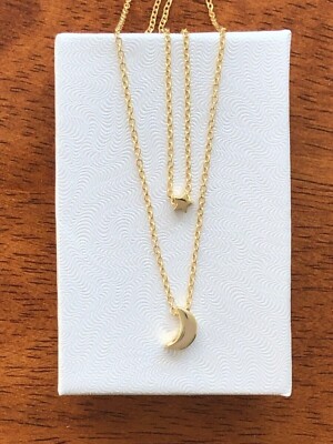 925 Sterling Silber Stern Mond Anhänger zweilagig geschichtet Halskette Gold 2,8/7,8 mm