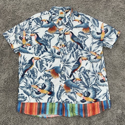 Farm Rio Hawaiian Shirt Mens XL Blue White Button Up Toucan Birds Camp READ