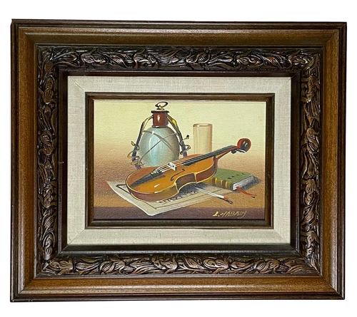 L. Habady Vintage Original Oil on Board Still Life Painting Violin Signed Framed