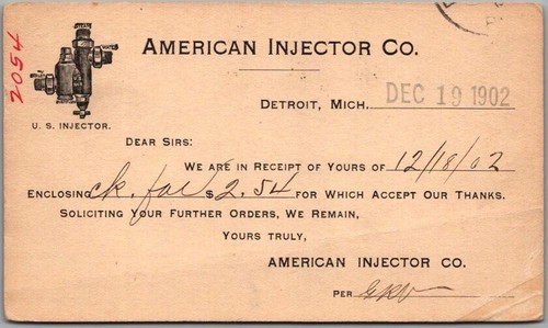 1902 DETROIT, Michigan Business Postcard "AMERICAN INJECTOR CO." Receipt Card