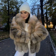 Luxury Women's Natural Golden Island Fox Fur Coats Lapel Collar Jackets Outwear