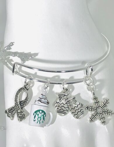 Starbucks Hot Cocoa~Snowflake~Mittens~Scarf charms Expandable Bangle Bracelet - Afbeelding 1 van 12