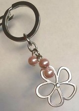 CUTE FLOWER PINK FAUX PEARLS SILVERTONE KEYCHAIN KEY RING