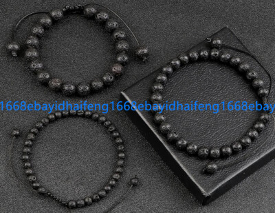6/8/10/12mm Schwarz Vulkanische Lava Rund Edelstein Einstellbar Armband 19cm