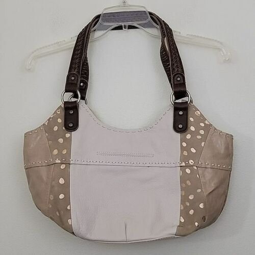 The Sak Large Slouchy Tan, Off White & Polka Dot Block Print Leather Bag Purse - Picture 2 of 16