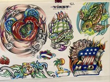 Vinny Kapelewski 1996 Vintage Tattoo Wall Flash Art Laminated Page Sheet Harley