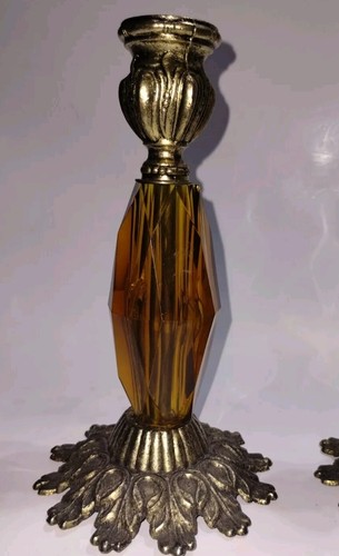 Paire de 2 bougeoirs vintage ambre métal laiton orné Hollywood régence - Photo 3/15