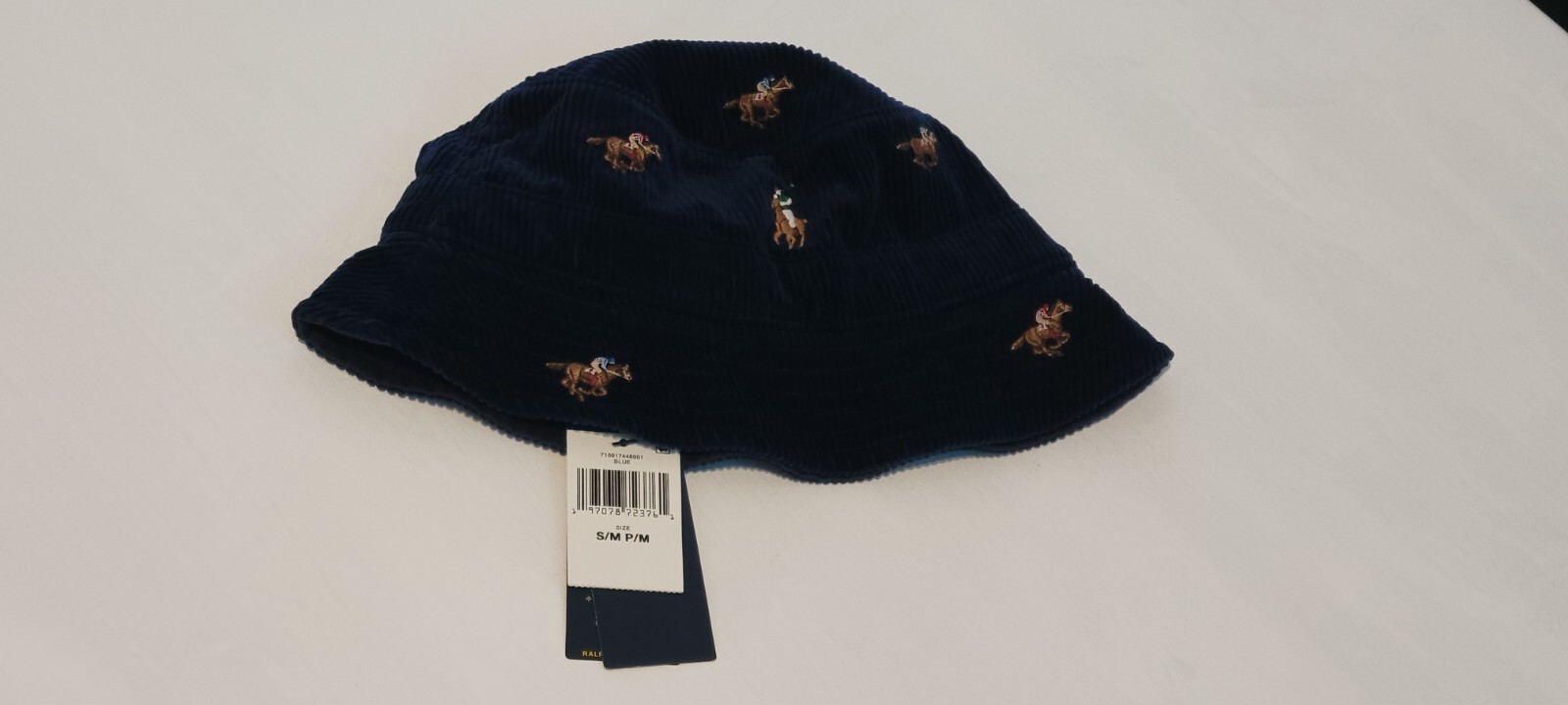 Cappello a secchiello Polo Ralph Lauren blu navy in velluto a coste ALL OVER PONY NUOVO CON ETICHETTE S M