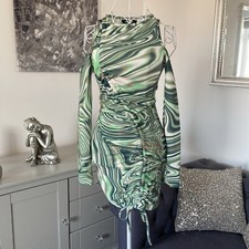 Green & White Marble Print Round Neck Cold Shoulder Ruched Bodycon Mini Dress 6