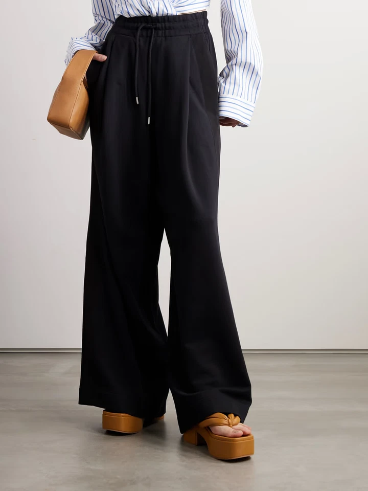 NEW DRIES VAN NOTEN Pleated grosgrain-trimmed cotton wide-leg pants M #P2717